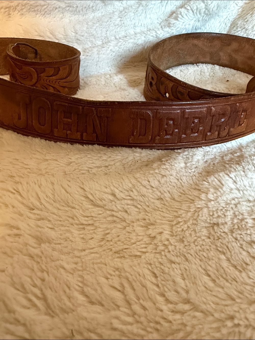John Deere Brown Tooled Leather Belt with Embossed Logo